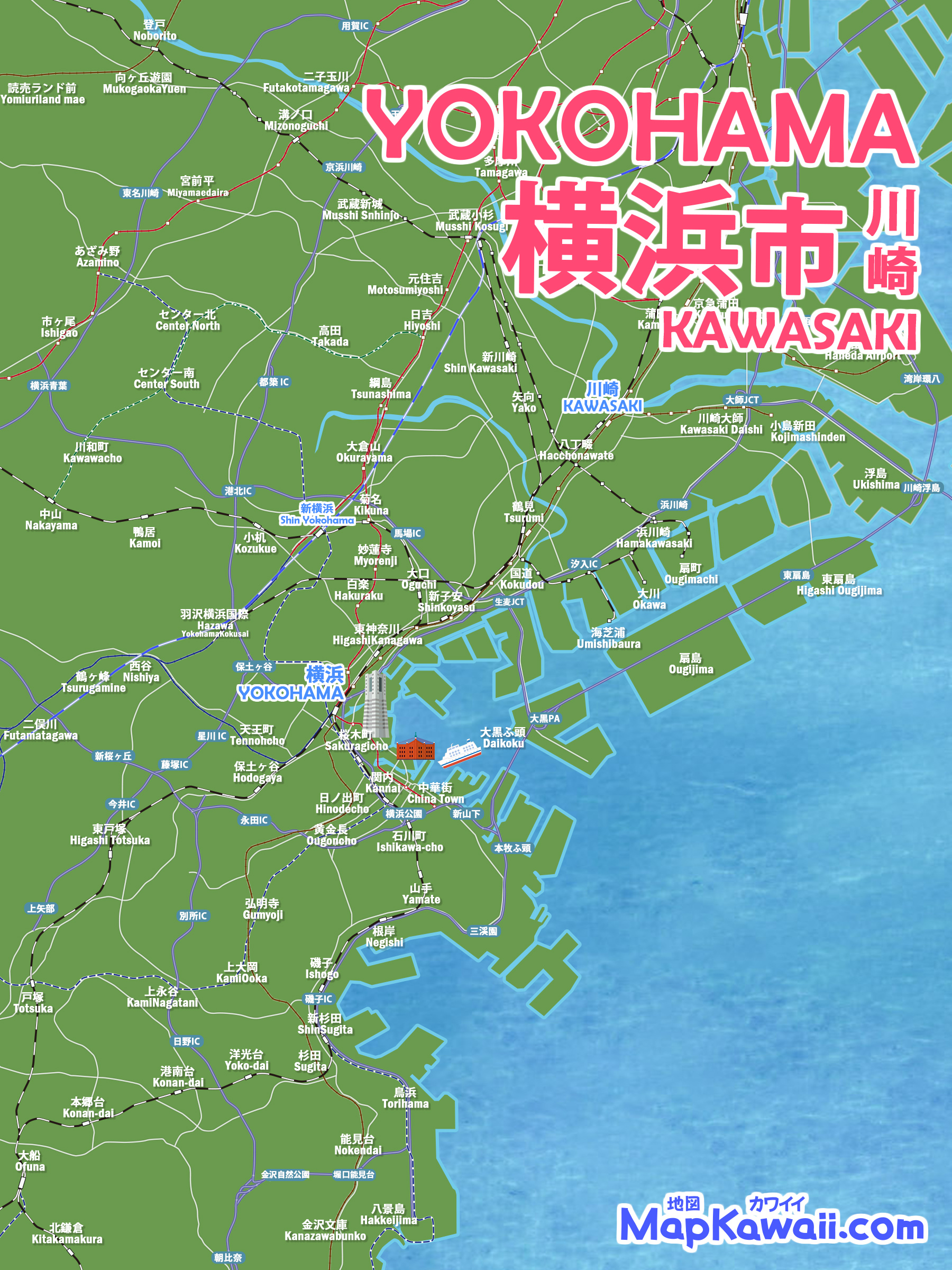 横浜川崎 地図 わかりやすい 観光 市 路線図 グーグルマップ イラスト フリー無料
